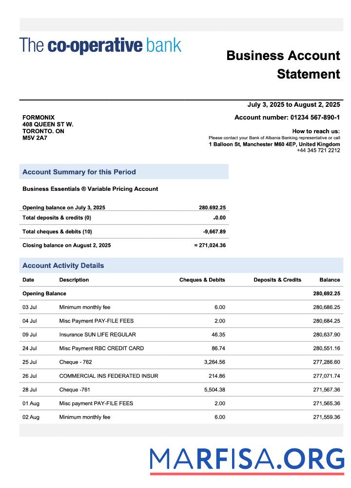 Printable United Kingdom The Cooperative Bank firm checking account statement Word and PDF template
